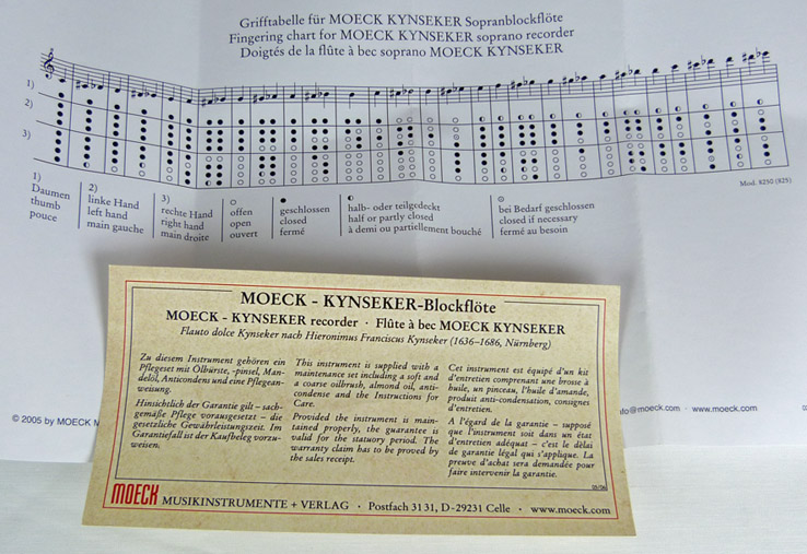 Used Moeck Kynseker Model 8250 soprano recorder - fingering chart
