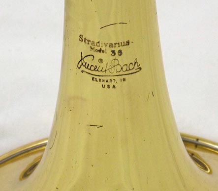 Used Bach Strad 36B O trombone - close up of engraving on bell
