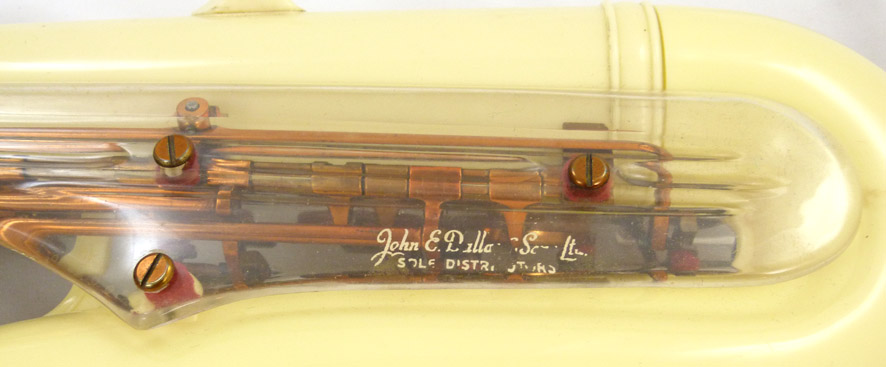 Grafton alto saxophone - close up of distributor information on key guard