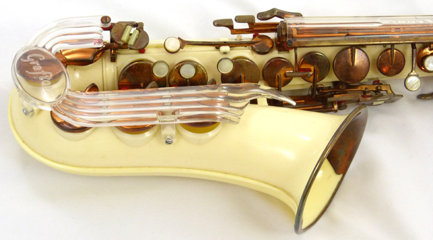 Used Grafton alto saxophone - close up of lower left side